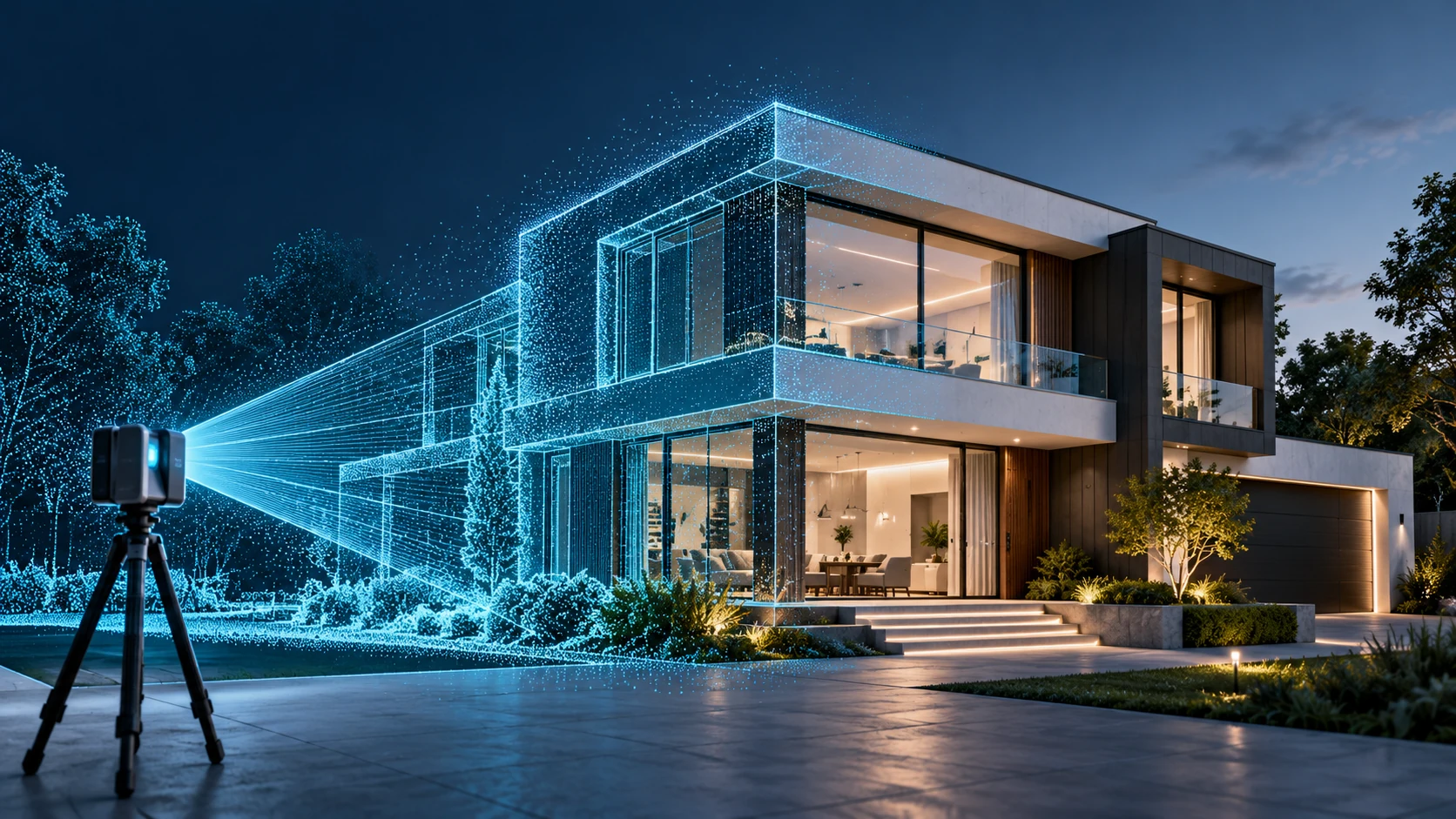 Modern sample house being captured by an illustrative scanning beam