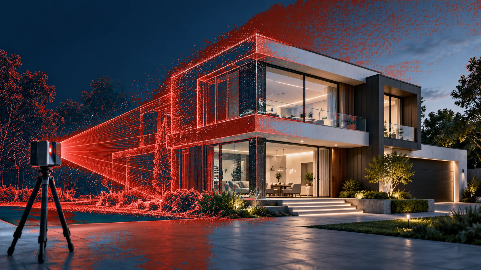 Concept modern two-storey house with illustrative red laser scanning point-cloud overlay and a terrestrial scanner